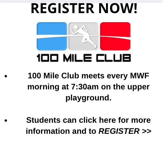 Image promoting the 100 Mile Club registration. Meeting details and a link for more info are included.